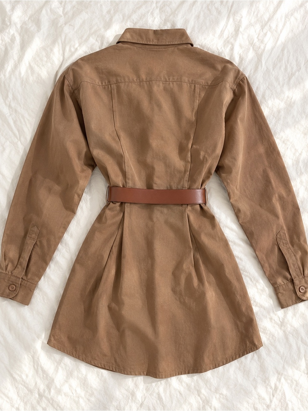 PrettyLittleThing Brown Long Sleeve Shirt Dress with Two-Tone Belt - Picture 2 of 5